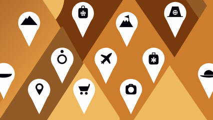 Various location pin icons on a geometric brown background suggesting travel and destination themes © sajida