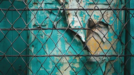 Abstract close up of distressed turquoise metal surface seen through a torn wire mesh fence