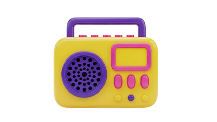 3D Retro yellow toy radio with purple speaker and handle on transparent background