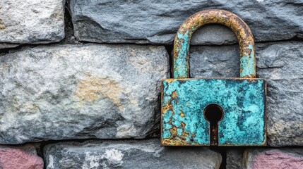A rusty old iron padlock with verdigris patina fused shut against a stone wall