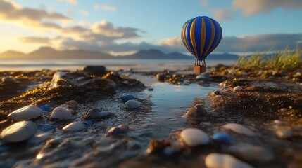 A miniature hot air balloon ascends gracefully over a serene rocky coastline with mountains in the distance under a soft cloudy sky
