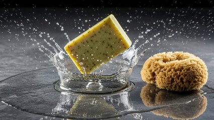 Olive soap bar splashing into water near a natural sponge on a reflective dark surface, creating dynamic water droplets and a vibrant, clean atmosphere