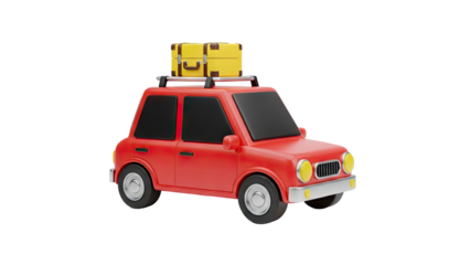 3D Red car with yellow suitcase on roof rack for travel on transparent background