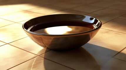 A shallow metal bowl filled with dark liquid sits on a tiled surface reflecting warm light and shadows