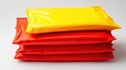 A neat pile of folded clean personal protective garments in red and yellow colors stacked neatly