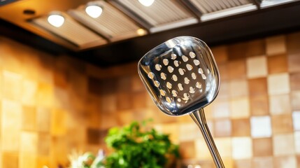 A shiny stainless steel slotted cooking utensil is held in a kitchen setting with a blurred background of warm tiled walls and green foliage