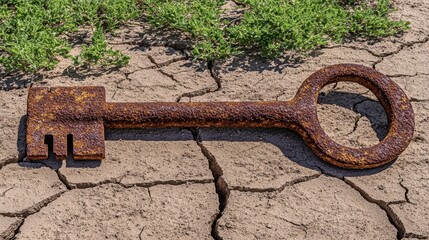 An old rusted and broken key lies discarded on dry cracked earth with a hint of green grass growth