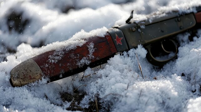 A tarnished Soviet bayonet fixed to a vintage Mosin Nagant rifle rests in the snow