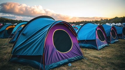 Brightly colored emergency shelter tents are erected in an open field under a cloudy sunset sky at an outdoor event
