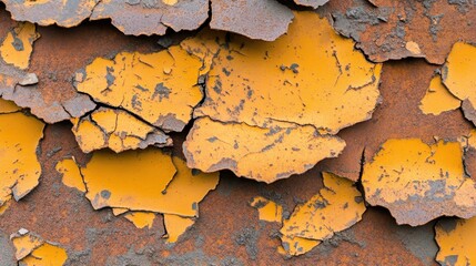 Close up abstract view of a distressed metal surface with peeling yellow paint revealing rust and cracks