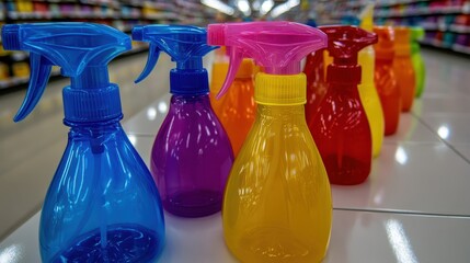 Brightly colored plastic spray bottles for household cleaning products