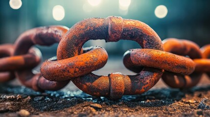 Close up of a thick rusty metal chain with interlocking links fused by corrosion sitting on the ground
