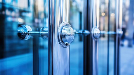 Close up of a polished metal door handle and glass panels of a modern building entrance