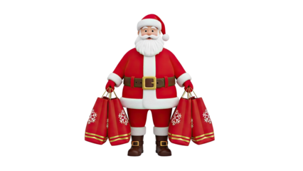 3D Santa Claus holding shopping bags with snowflakes on transparent background