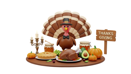 3D Thanksgiving Dinner with Turkey, Pie, and Pumpkins on transparent background