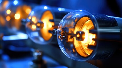 Close up of a glowing internal component in a modular energy cell prototype with bright orange light emanating from within and surrounding blue hues