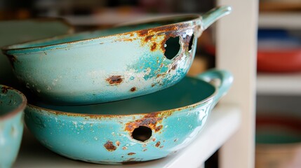 Close up of stacked vintage chipped enamel cookware with rust and holes