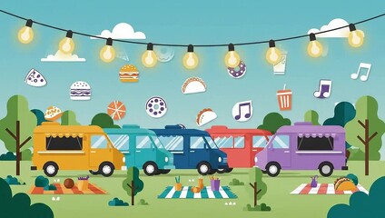 Food Truck Festival in a Park with String Lights and Picnic Blankets.