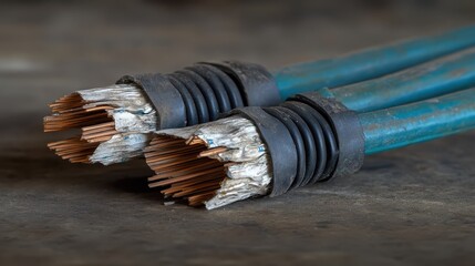 Close up of two frayed electrical wires with exposed copper conductors and damaged insulation