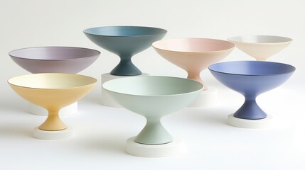 Collection of perfectly sculpted ceramic vessels in various pastel colors displayed on white pedestals