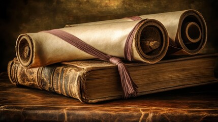 An ancient rolled parchment scroll tied with a silken cord rests on a vintage leather bound book on a wooden surface