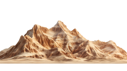 Detailed panoramic view of a rugged desert mountain range rendered with dramatic lighting and eroded sandstone textures isolated on transparent background