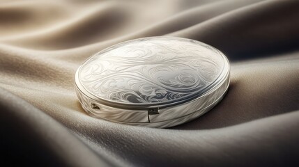An antique silver locket intricately engraved with flowing lines rests elegantly on a luxurious silk fabric