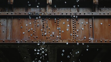 Corroded metal structure with many oxidized rivets loosening and falling from its aged surface
