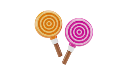3D Two Swirl Lollipops Orange and Pink on transparent background