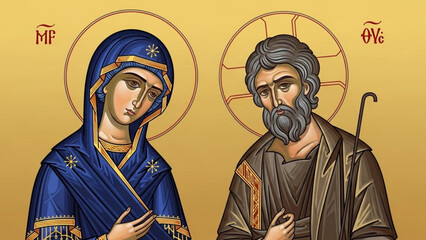 Mary and joseph illustration in byzantine style with golden halos and ornate robes on yellow background