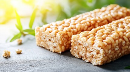Delicious protein energy bars made from oats and grains with a crisp texture presented on a stone surface in natural sunlight