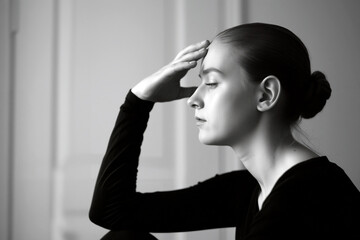 Woman in profile resting hand on forehead in a minimalist interior during a quiet reflective moment, Black and white portrait. Generative AI