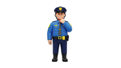 3D Cartoon police officer thinking with finger on chin on transparent background
