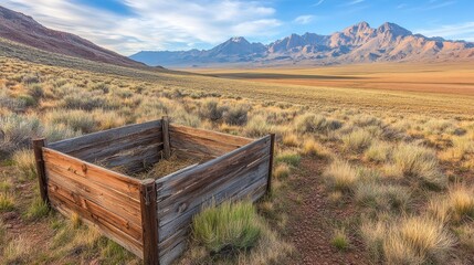 An old weathered wooden trough sits in a dry grassy field with mountains in the background under a cloudy sky