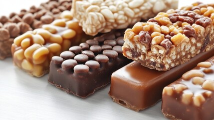 Assortment of delicious energy bars with chocolate caramel nuts and grains in a close up shot