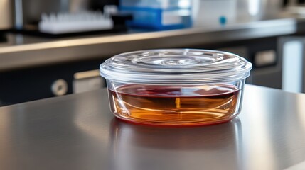 Crimson fluid collected in a sterile specimen container on a laboratory table