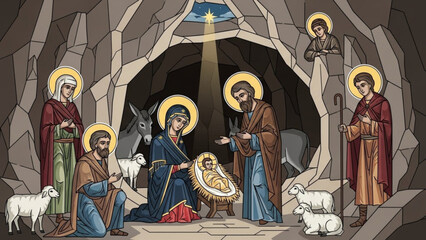 Nativity scene with holy family, angels, shepherds, sheep, donkey in a cave, star shining brightly above, symbolic representation of jesus' birth, christmas, religious