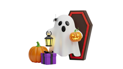 3D Halloween Ghost with Pumpkin, Lantern, Gift, Spider and Coffin on transparent background