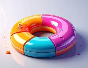 Glossy, segmented, colorful donut chart floats over a smooth surface