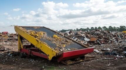 Industrial machinery with debris and scrap metal piles at a recycling and sorting facility under a cloudy sky