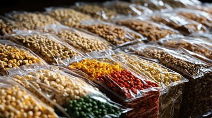 Generous piles of nonperishable food rations sealed in transparent plastic packaging displaying a variety of beans grains and legumes in a market or store