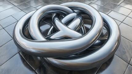 Interlocking silver rings with varying thickness form a complex metallic knot sculpture with smooth polished surfaces reflecting light and shadow