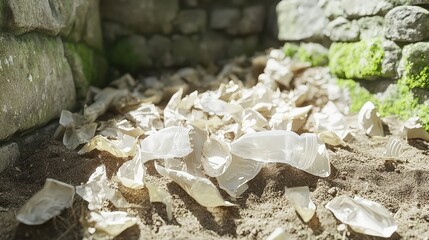 Broken shards of opaque milky white plastic bottles scattered on the dirt ground illuminated by natural sunlight