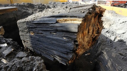 Charred wood texture with rough splinters and fibrous grain in close up detail