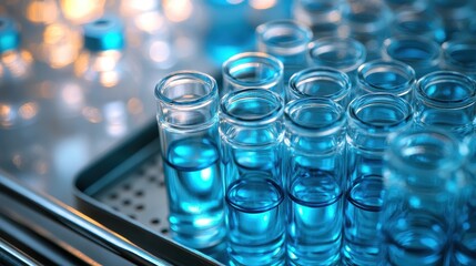 Clear glass vials holding vibrant blue liquid stacked in a laboratory setting with bright lighting