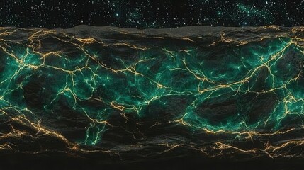 Intricate network of glowing emerald veins pulsing with golden light against a starry dark background