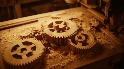 Intricately carved wooden gears and interlocking components demonstrating fine craftsmanship and mechanical detail in a workshop setting with natural wood grain and sawdust