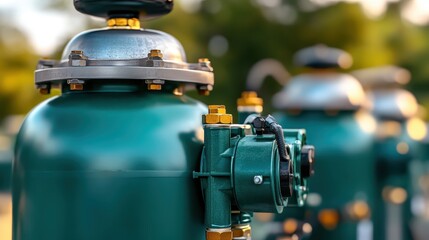 Close up of industrial green air compressor equipment with metal components and bolts outdoors with shallow depth of field