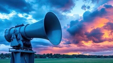 Large industrial siren unit mounted high against a dramatic sky with colorful sunset clouds and a distant treeline over a grassy field