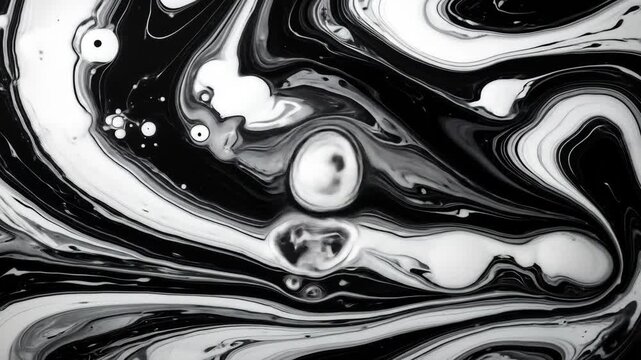 Dynamic black and white abstract liquid art background creating a mesmerizing swirling marble effect with fluid paint texture